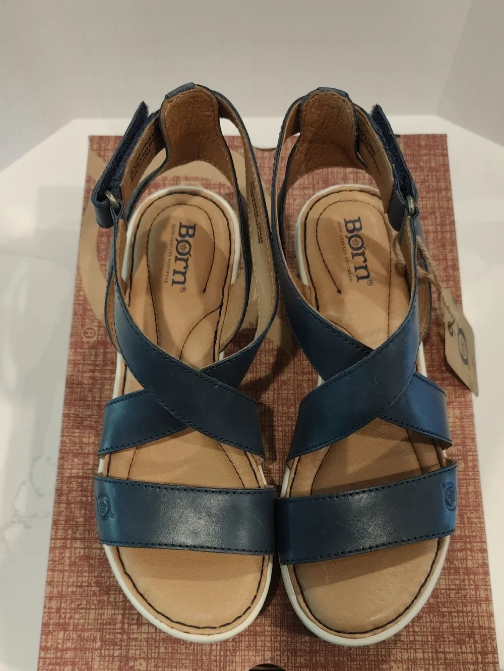 Born Navy Deshka Leather Cross-Strap Wedge Sandals